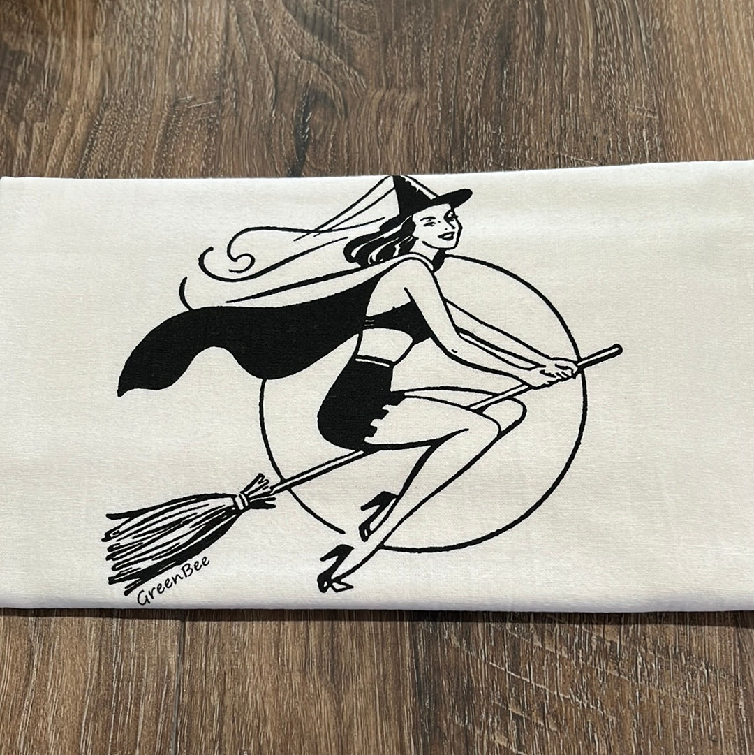 Witch Halloween Tea Towel. 100% Cotton. Length-28.5" Width-27.25" Green Bee Towels