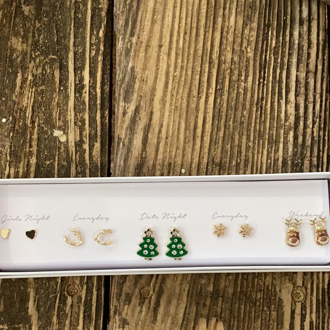 5 piece Christmas earrings set. Includes gold hearts, deer antlers, Christmas Trees, Snowflakes, and deer