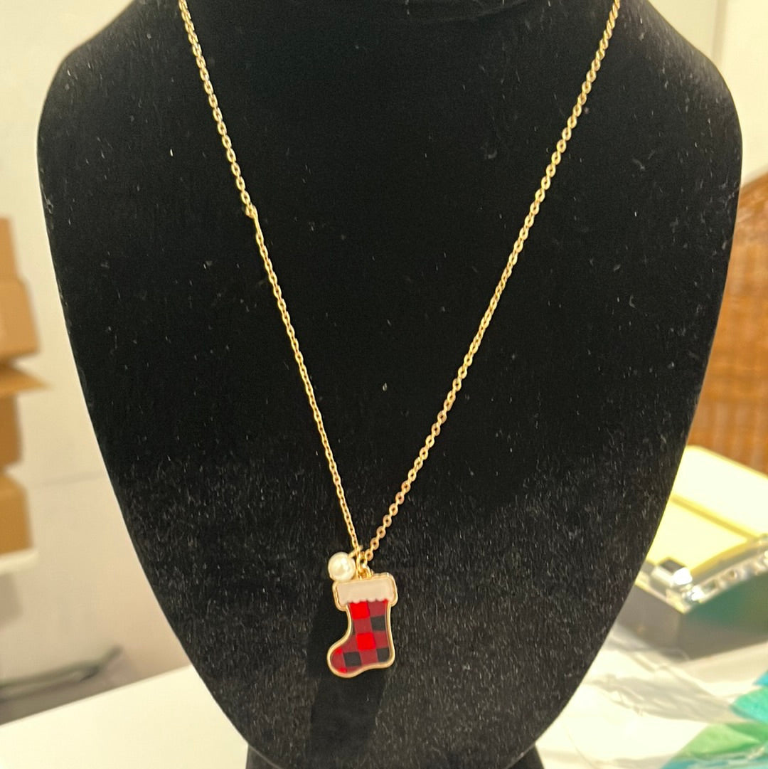 10" Stocking Pendant Necklace. Red Buffalo Check.