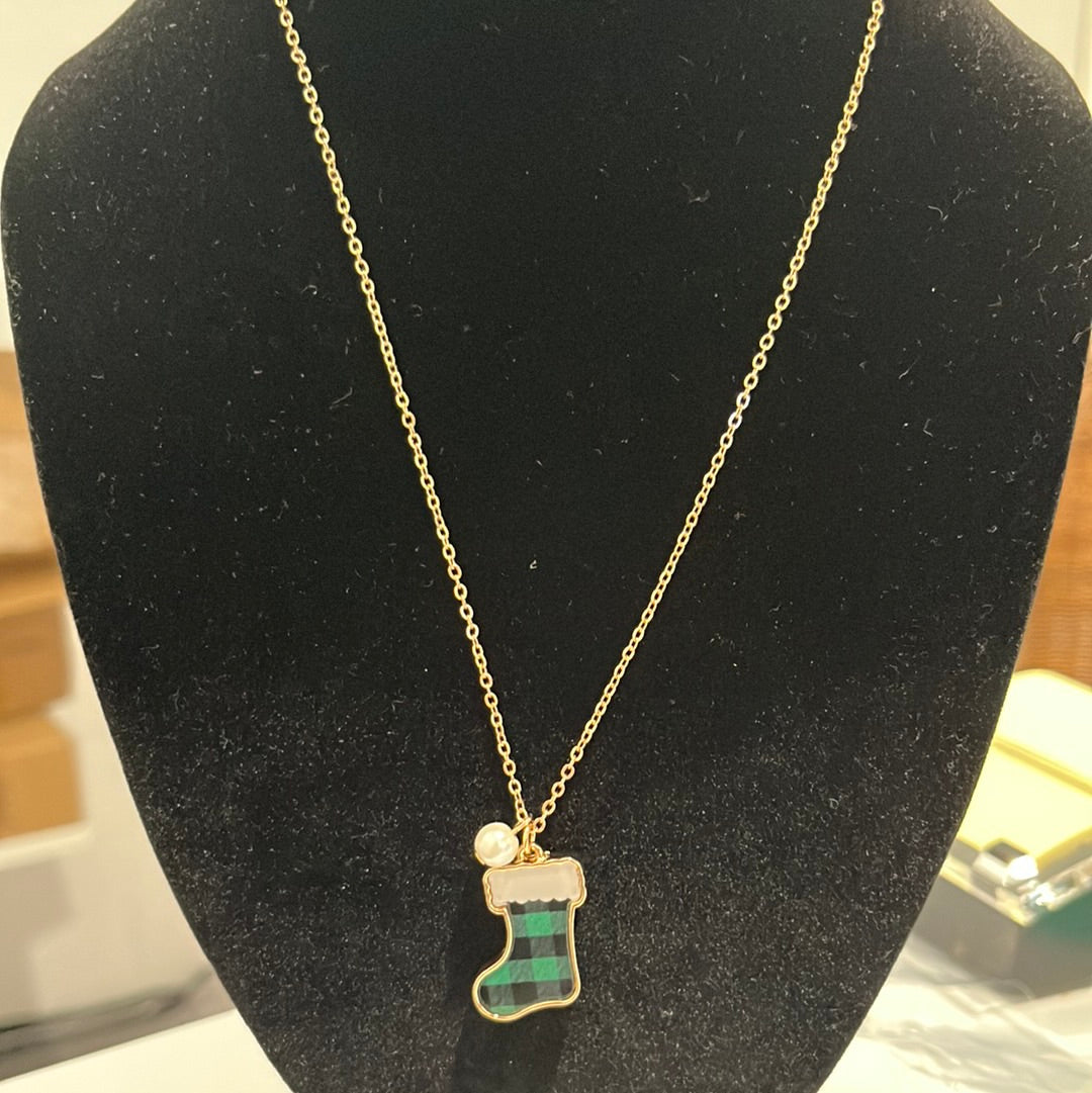 10" Stocking Pendant Necklace. Green Buffalo Check.