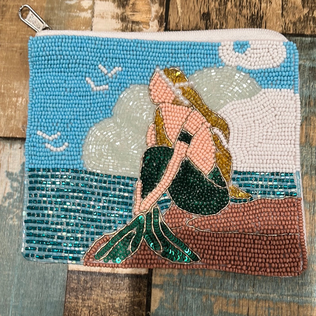 Mermaid Seed Bead Coin pouch.  Scene features a mermaid sitting on a rock, with seagulls in the distance.