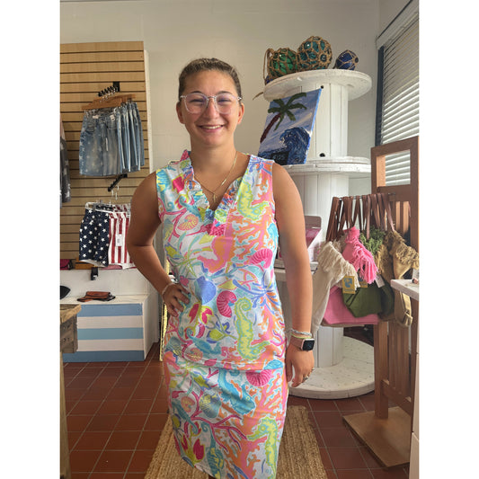 Call Ruffle sleeveless top, available in sizes Medium through XL.  Brand: Ana Clare.