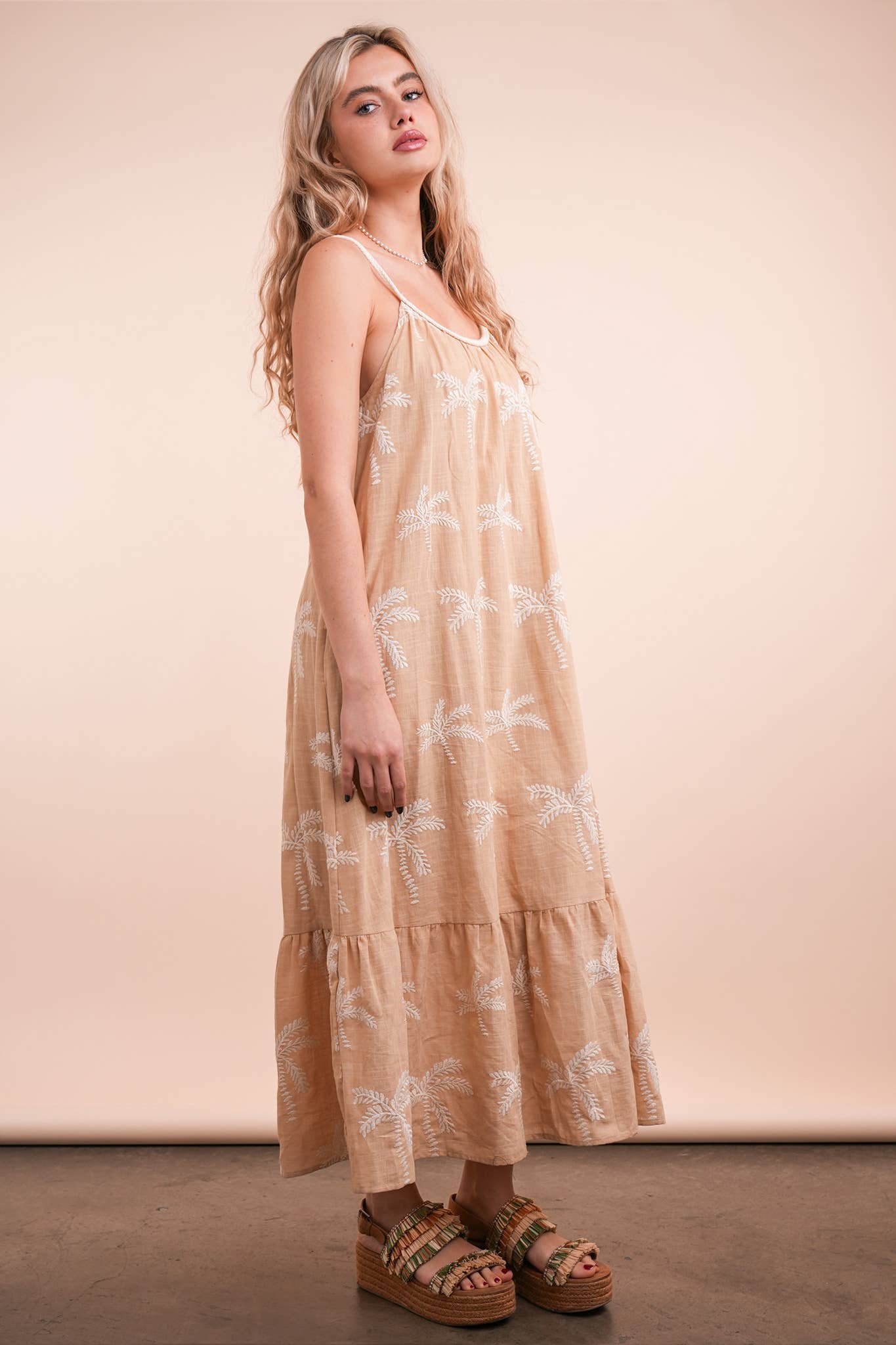 Palm Tree Embroidered Summer Boho Midi Dress