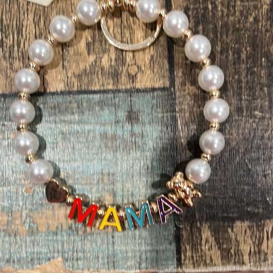 Mama Bear with Pearl Bead Keychain Bracelet