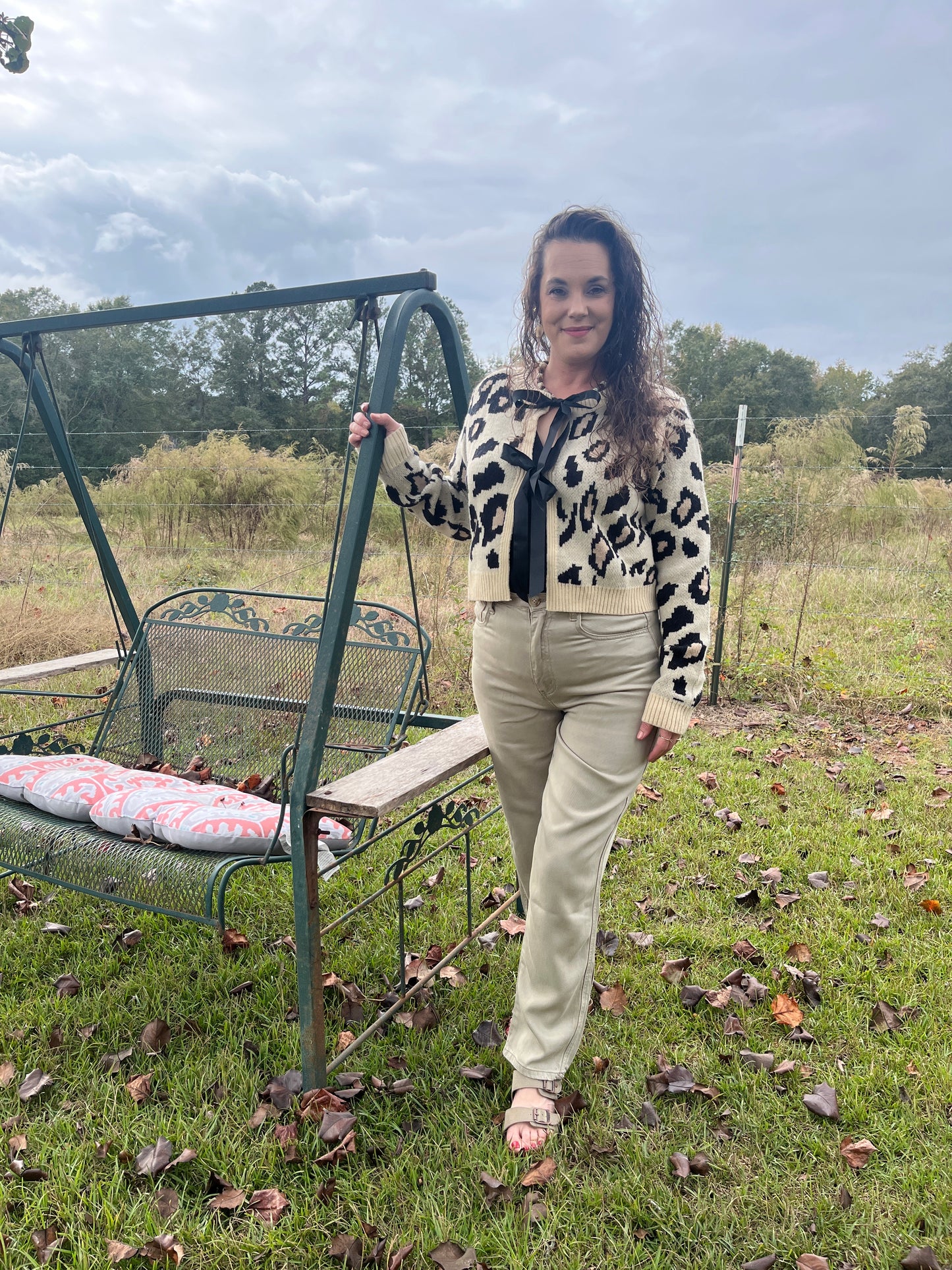 Long Sleeve Animal Print Cardigan Sweater with Ribbon Tie Detail