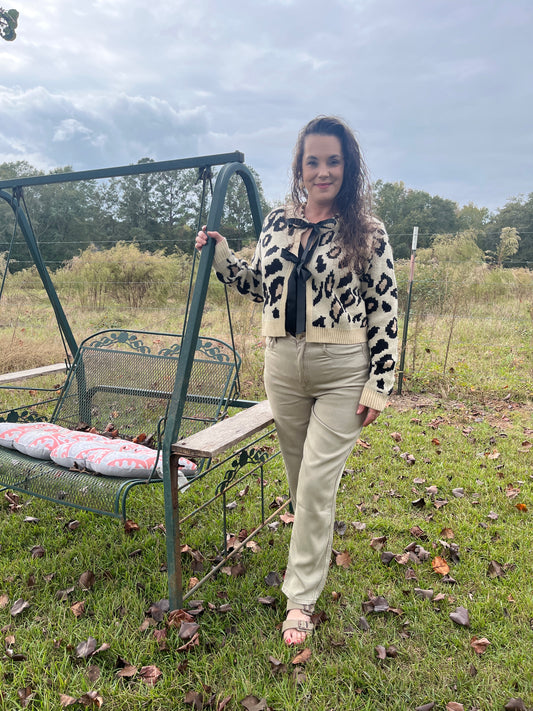 Long Sleeve Animal Print Cardigan Sweater with Ribbon Tie Detail