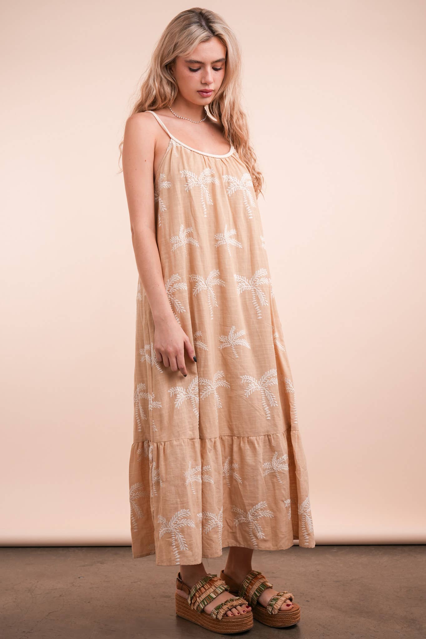 Palm Tree Embroidered Summer Boho Midi Dress