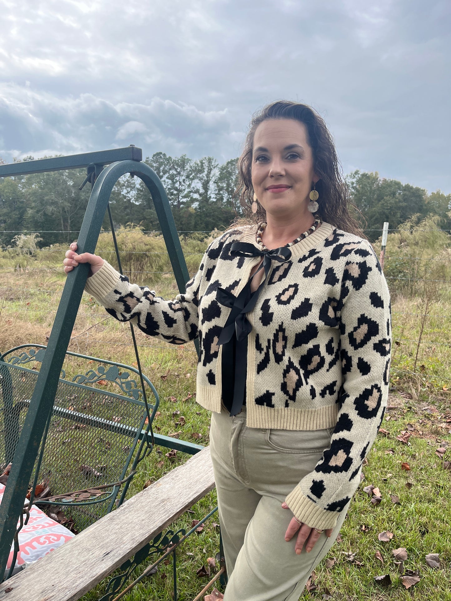 Long Sleeve Animal Print Cardigan Sweater with Ribbon Tie Detail