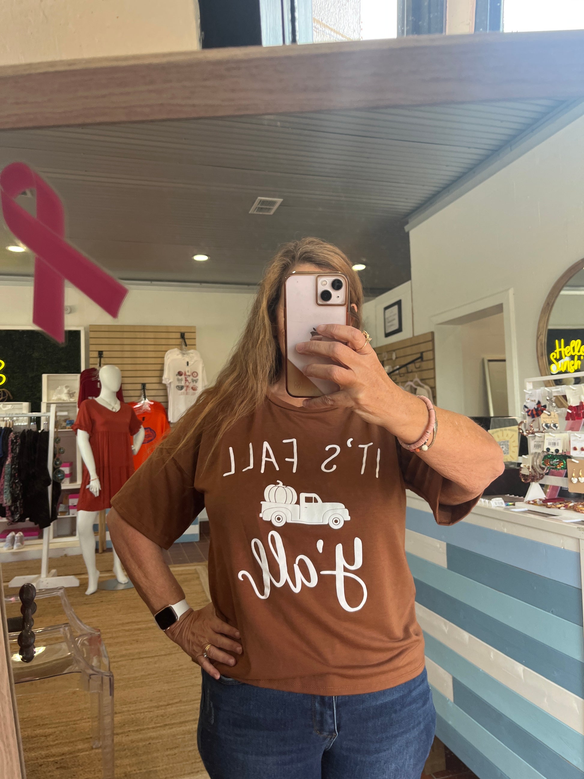 It's Fall Y'all Graphic Top, Mocha.  1/2 Sleeve. Available in sizes Small through Large.  87% Polyester, 10% Rayon, 3% Spandex.  Brand: Sew In Love.  