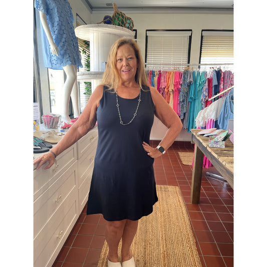 Molly Swing Tank Dress by Ana Clare.  Available in sizes Medium through 2XL.  Black.  95% Cotton, %% Spandex.