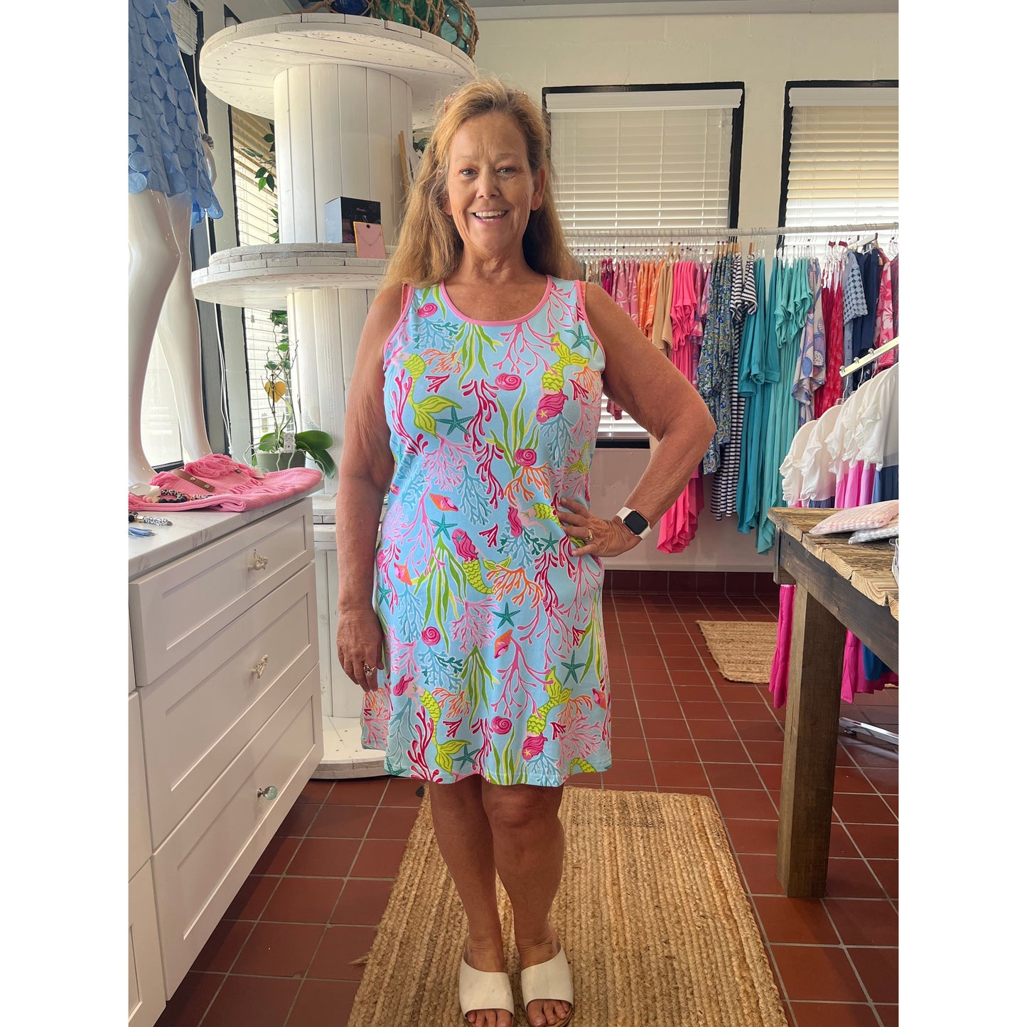 Molly Swing Tank Dress with Mermaid design.  Available in sizes Small through XXL.  95% Cotton, 5% Spandex.  SPF protection