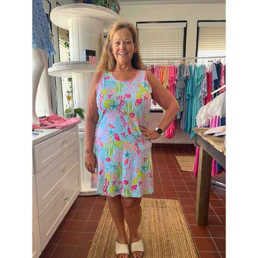 Molly Swing Tank Dress with Mermaid design.  Available in sizes Small through XXL.  95% Cotton, 5% Spandex.  SPF protection