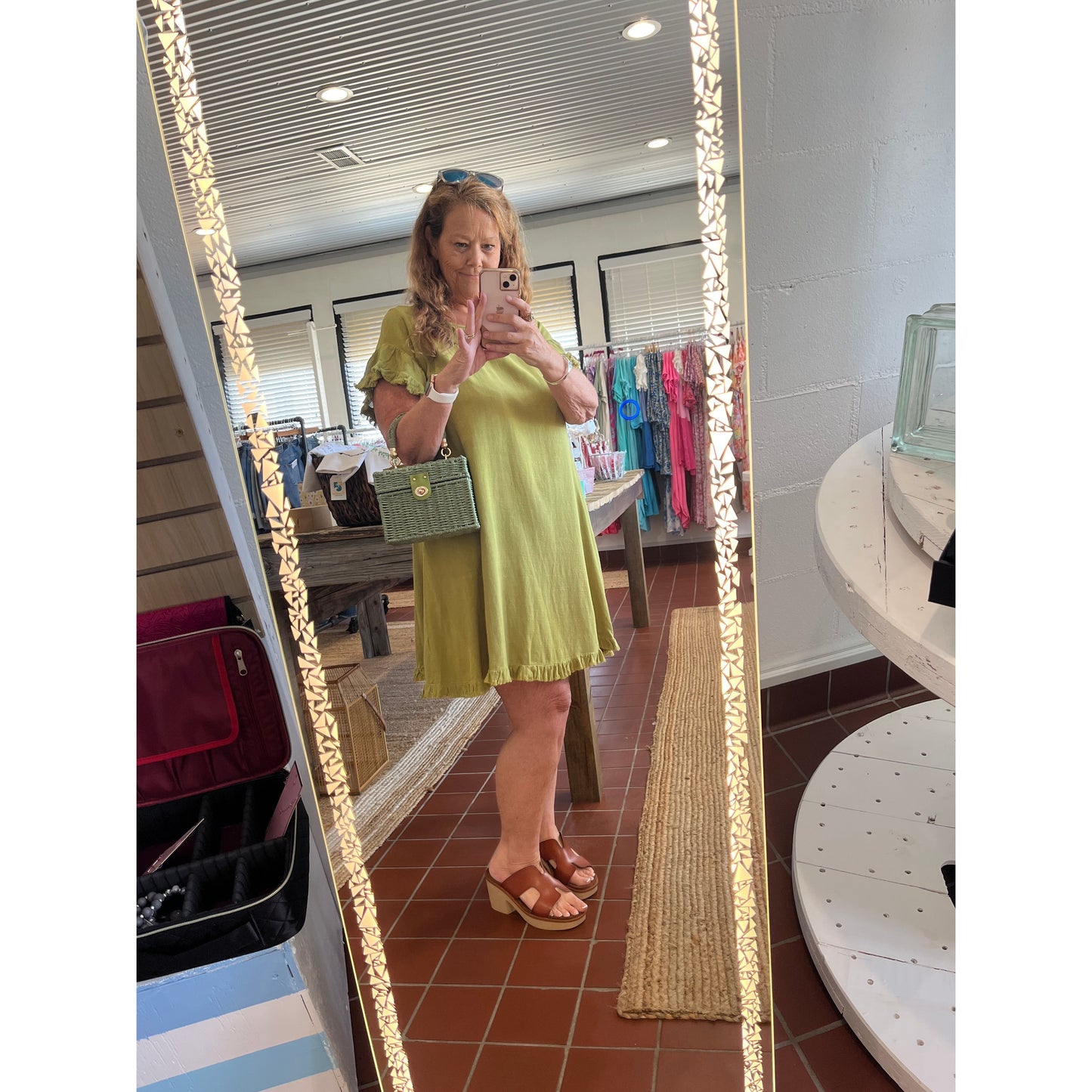 Line Blend Dress with pockets, Frayed at arms and hem. Vendor: Umgee. Available in sizes Small through Large. 55% Linen, 45% Cotton.  Avocado