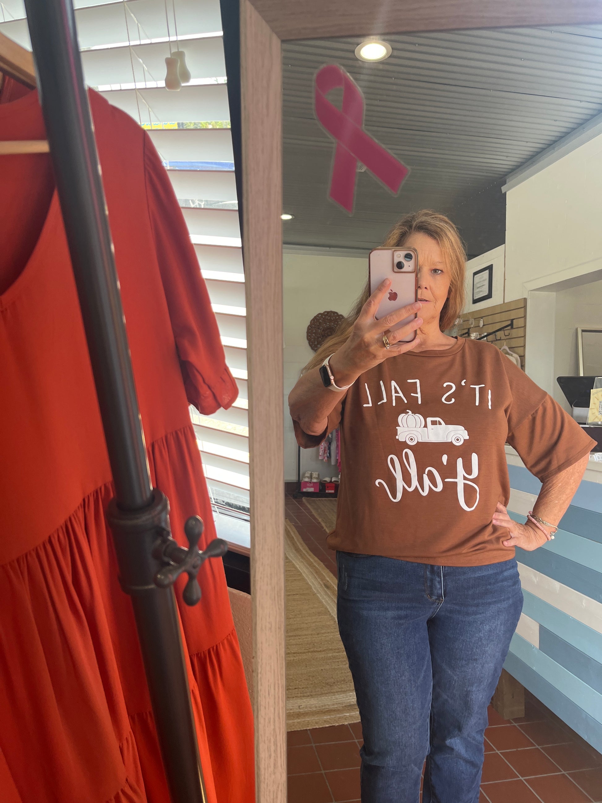 It's Fall Y'all Graphic Top, Mocha.  1/2 Sleeve. Available in sizes Small through Large.  87% Polyester, 10% Rayon, 3% Spandex.  Brand: Sew In Love.  
