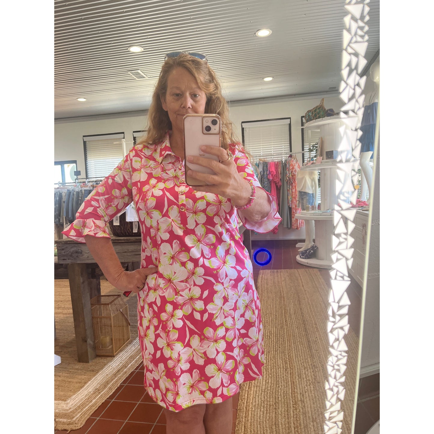 Marin flounce sleeve polo dress available in sizes Medium through XL.  Brand: Ana Clara.  Model is wearing an XL.