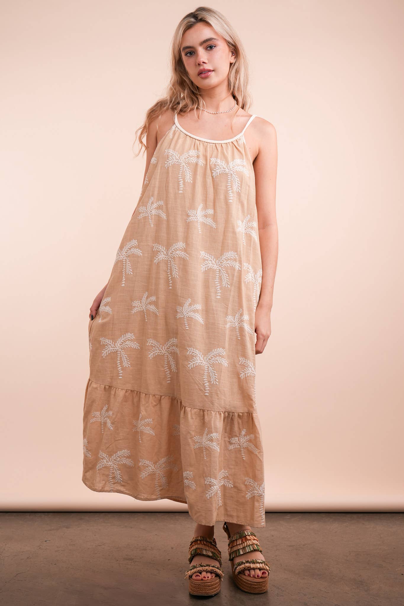 Palm Tree Embroidered Summer Boho Midi Dress