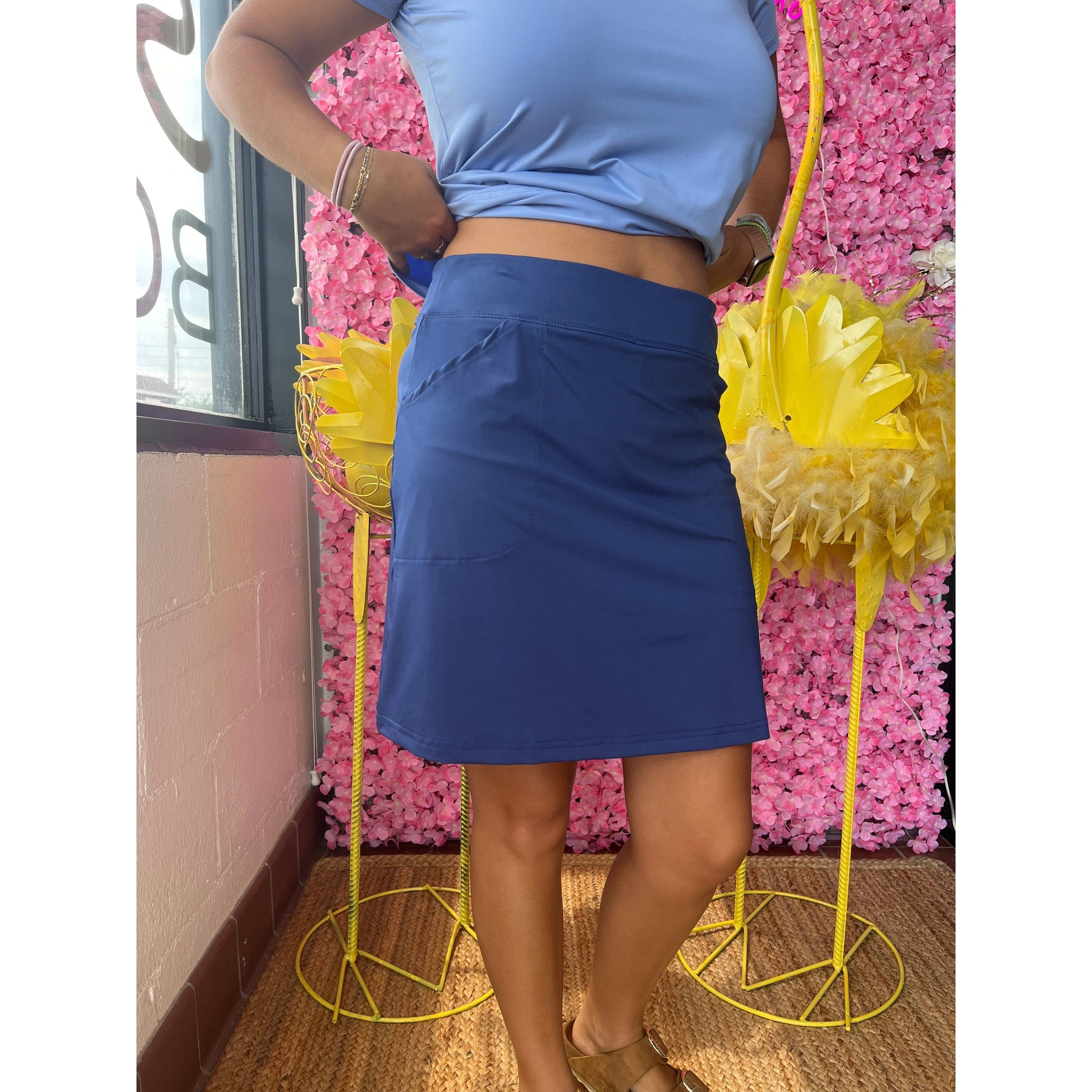 Navy A Line Skort available in sizes Medium through XL.  Brand: Ana Clare.  Material: 85% Polyester, 15% Spandex