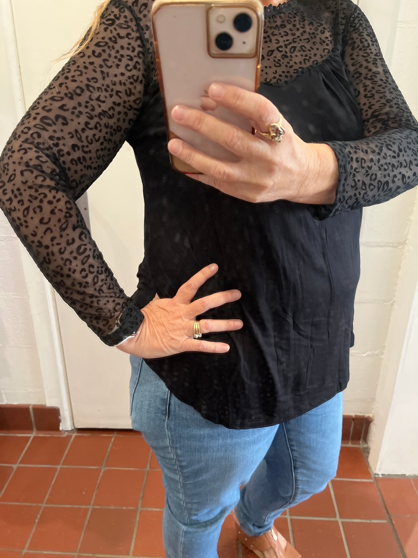 Animal Mesh Long Sleeve Swing Top