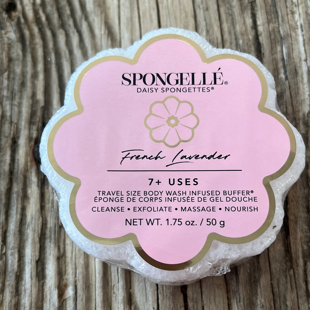 Spongelle French Lavender, Daisy Collection.  Travel Size Body Wash Infused buffer sponge.  Cleanse, exfoliate, massage, and nourish.  1..75 oz.
