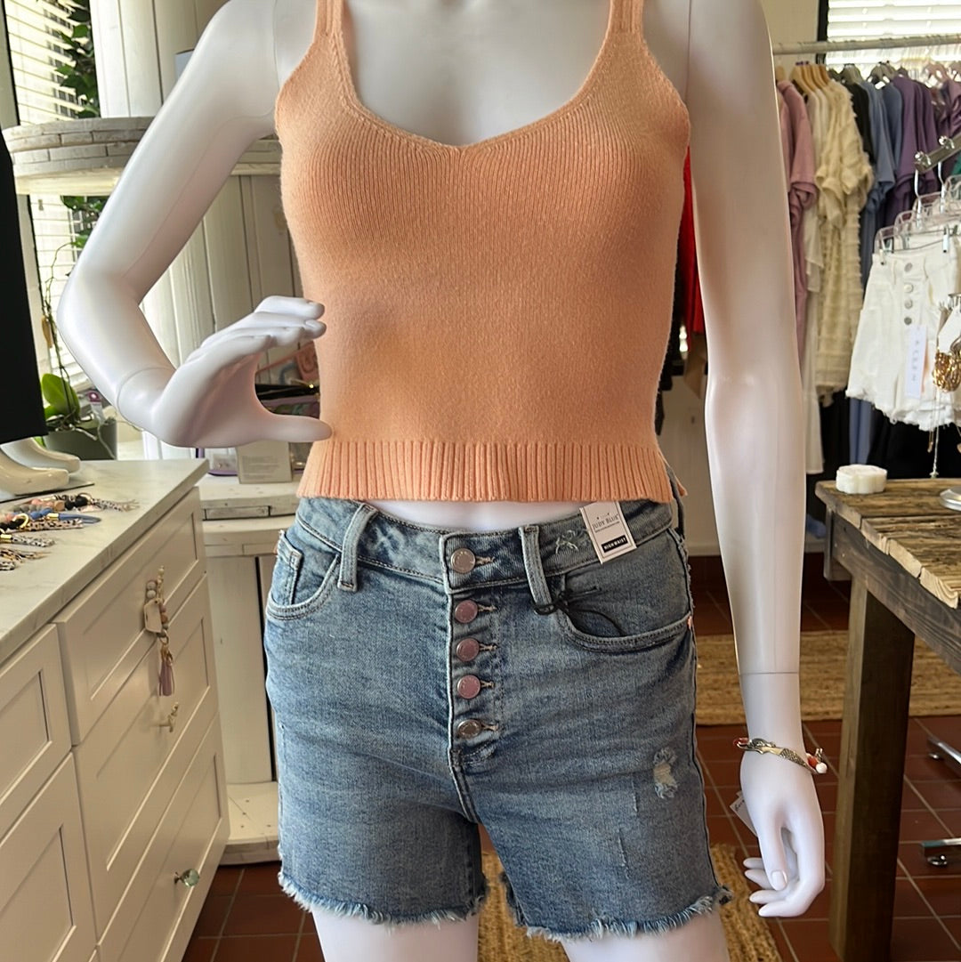 Judy Blue High Waist Button Fly Distressed Shorts available in sizes Small through Large. 94% Cotton, 5% Polyester, 1% Spandex