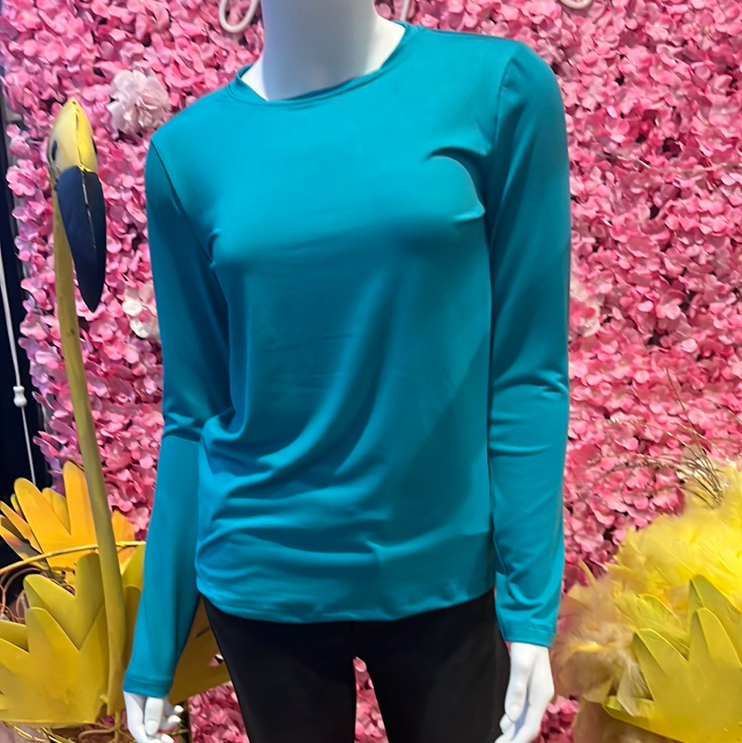 Brushed microfiber long sleeve round neck tee.  Available in sizes Small through XL. 90% Polyester, 10% Spandex.  Zenana. Light Teal