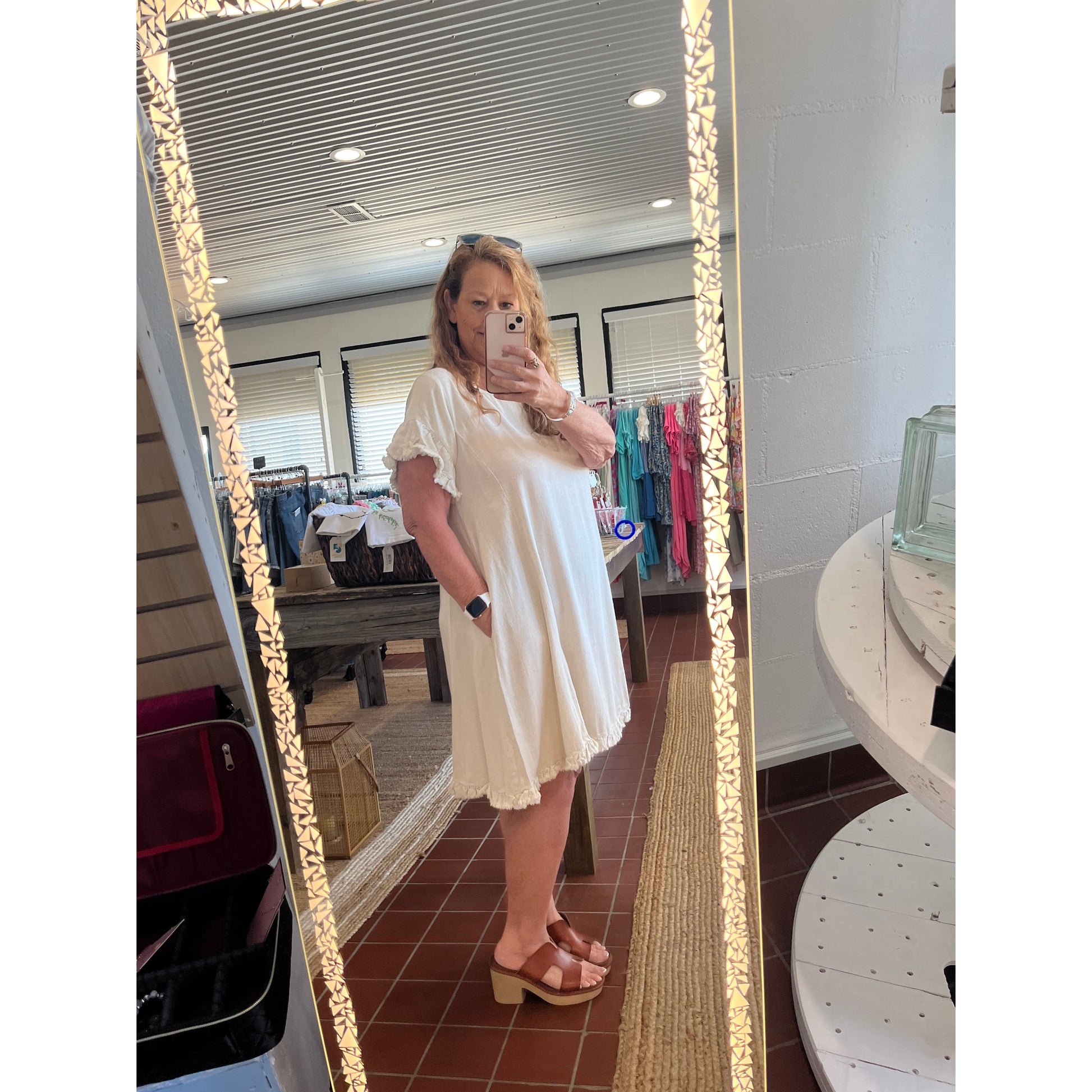 Line Blend Dress with pockets, Frayed at arms and hem. Vendor: Umgee. Available in sizes Small through Large. 55% Linen, 45% Cotton.  Oatmeal