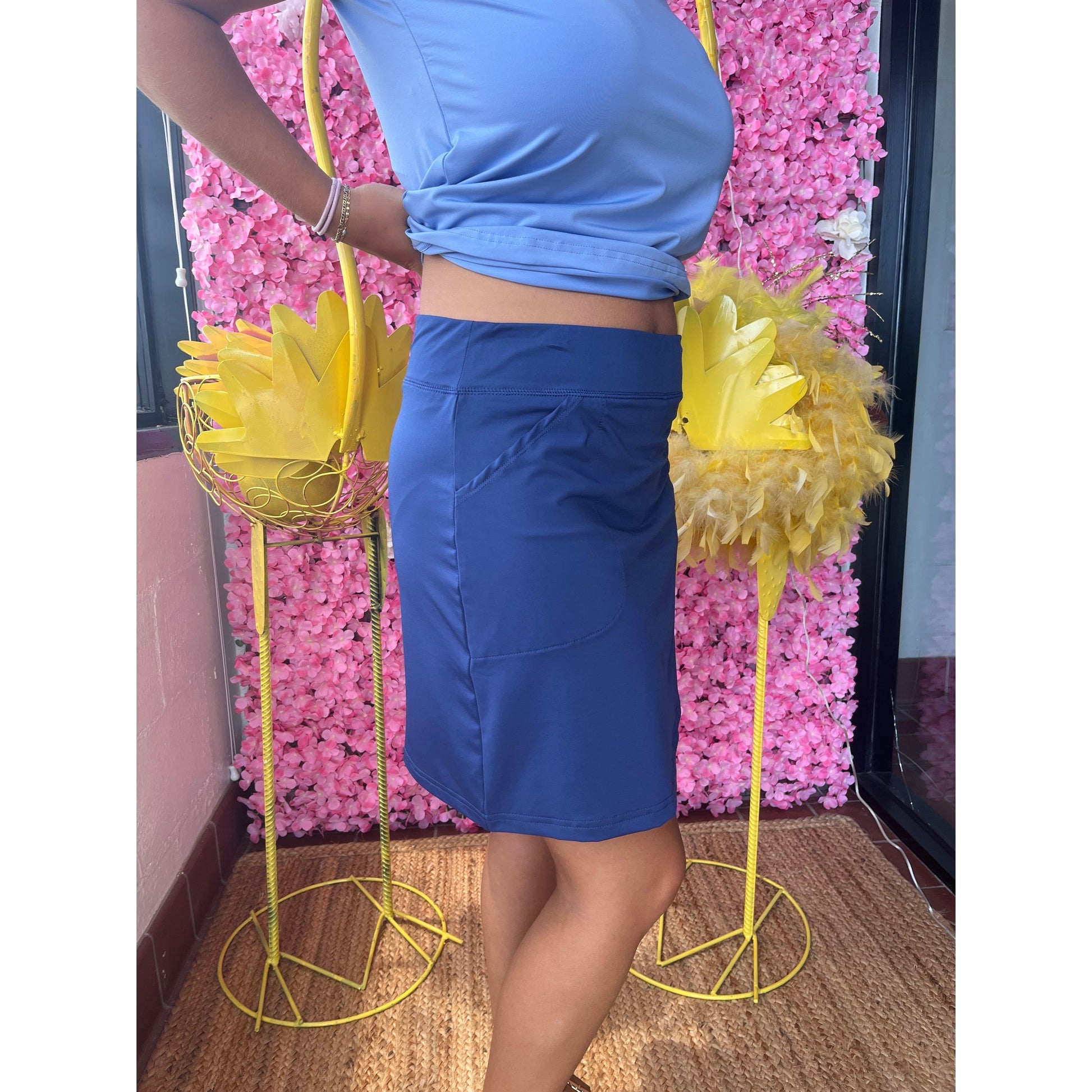 Navy A Line Skort available in sizes Medium through XL. Brand: Ana Clare. Material: 85% Polyester, 15% Spandex