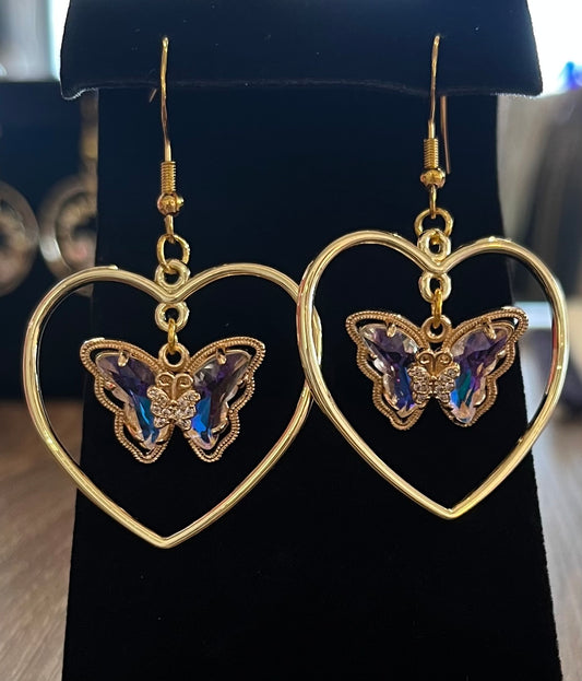 Purple Iridescent Butterfly Earrings with Heart Hoops