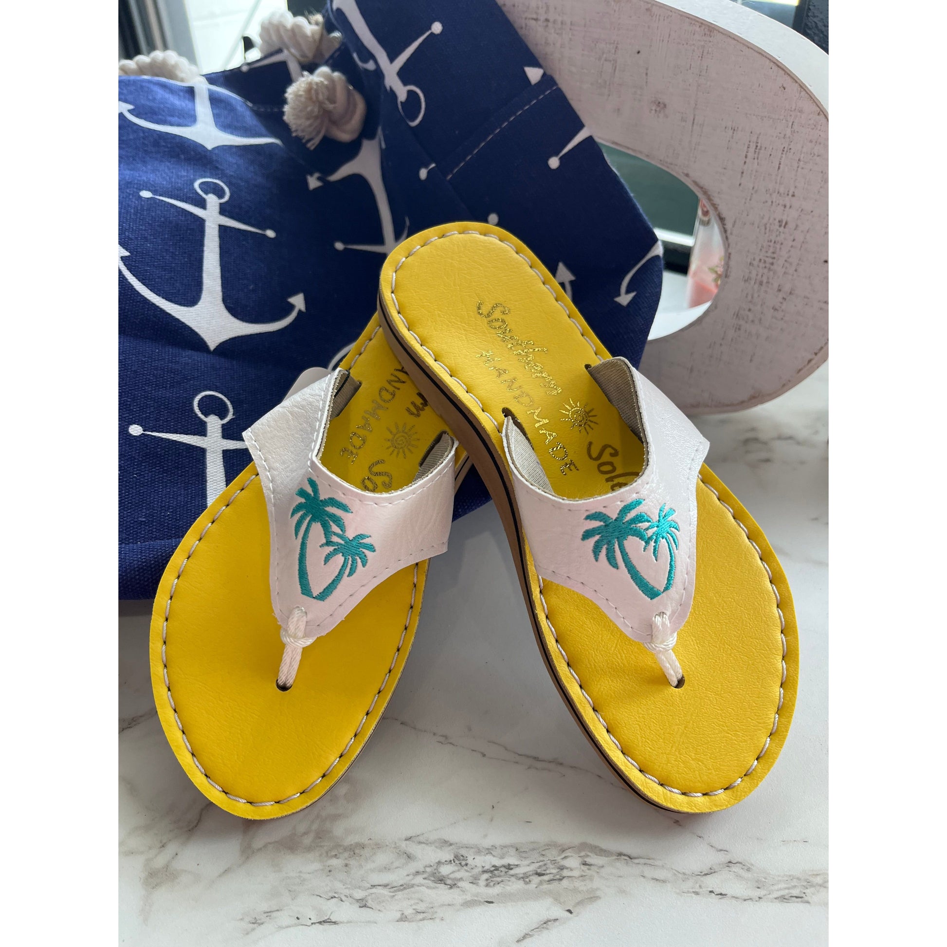 Handmade Palm Tree Sandals by Southern Soles located in the beautiful Panama City Beach, Florida.  Available in sizes 7 and 8