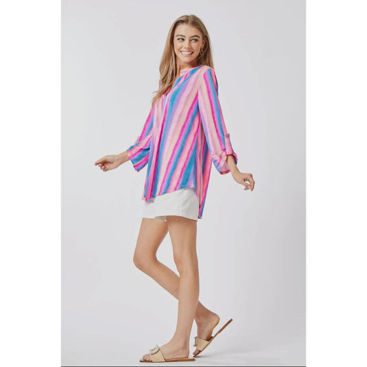 Pink, blue and purple vertically striped blouse with 3/4 rolled button sleeves available in sizes Small through Large.  94% Polyester, 6% Spandex.  Brand: Dear Scarlett Dimensions: Small-Width 19" Length 27" Medium-Width 20" Length 27.5" Large-Width 21.5" Length 27.75"