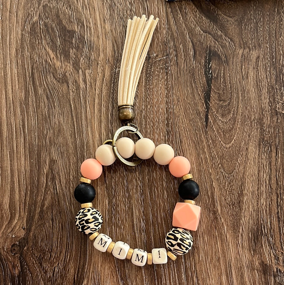 Silicone Beaded Keychain Wristlet-Mimi in Block, Peach and Black Round Beads with tassel
