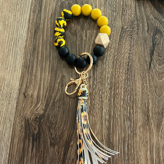 Silicone Beaded Keychain Wristlet-Sunflower with sunflower tassels