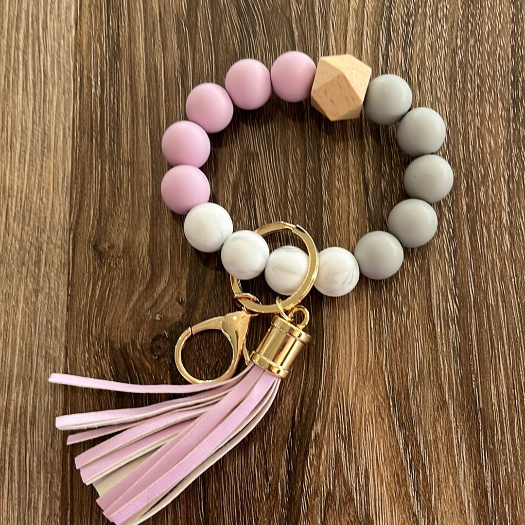 Lavender, Gray and White silicone beaded keychain wristlet with lavender and white tassels