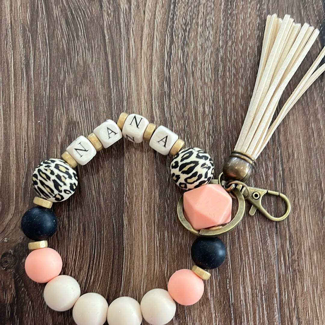 Silicone beaded keychain wristlet-Nana in blocks, Peach and Black with Leopard  with tan tassels