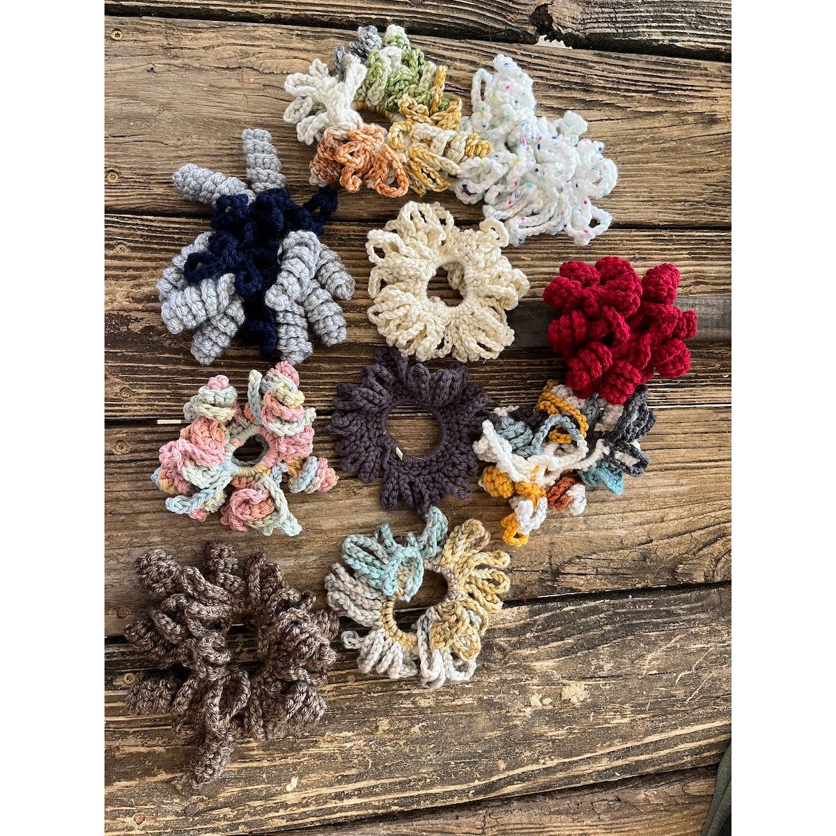 Hand crocheted hair scrunchie available in various colors