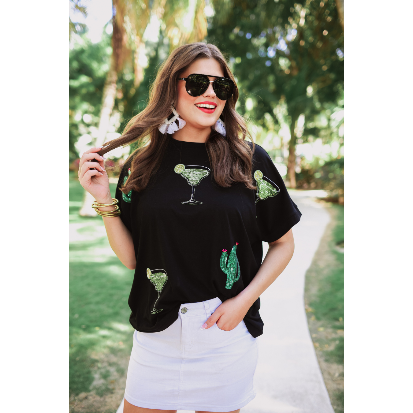 Drinks on Me sequin patch top available in sizes Small through 3X.  60% Polyester, 35% Rayon, 5% Spandex.  Brand: Jess Lea