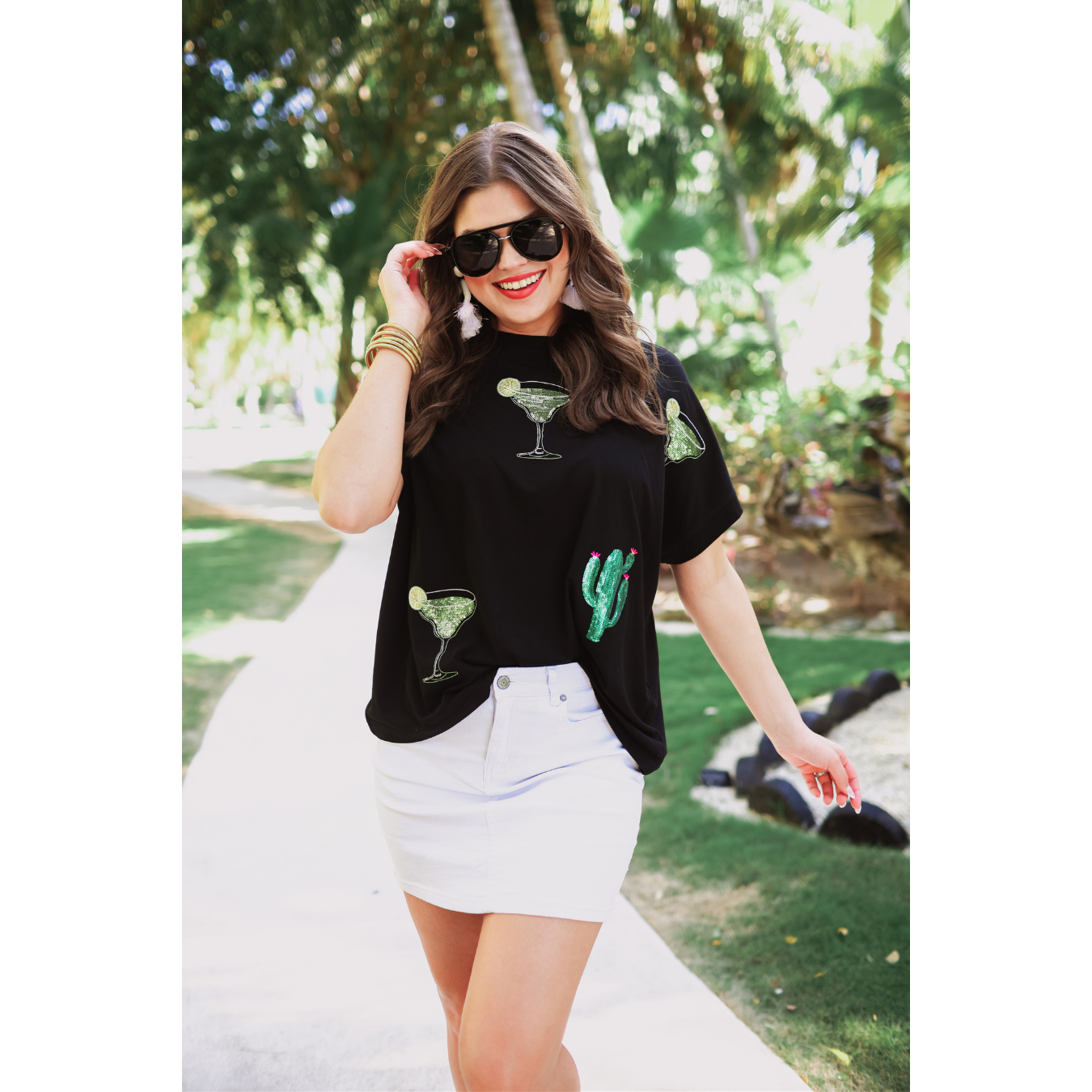 Drinks on Me sequin patch top available in sizes Small through 3X. 60% Polyester, 35% Rayon, 5% Spandex. Brand: Jess Lea