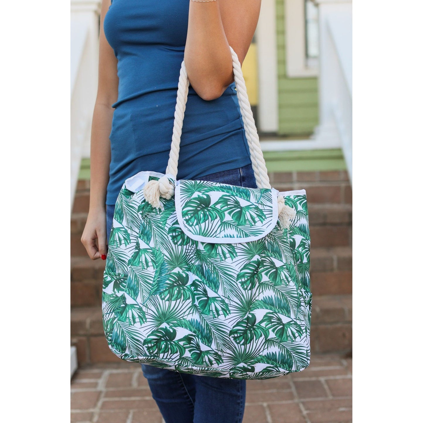 Rope Handle Beach Bag Top Flap - Palm Leaves