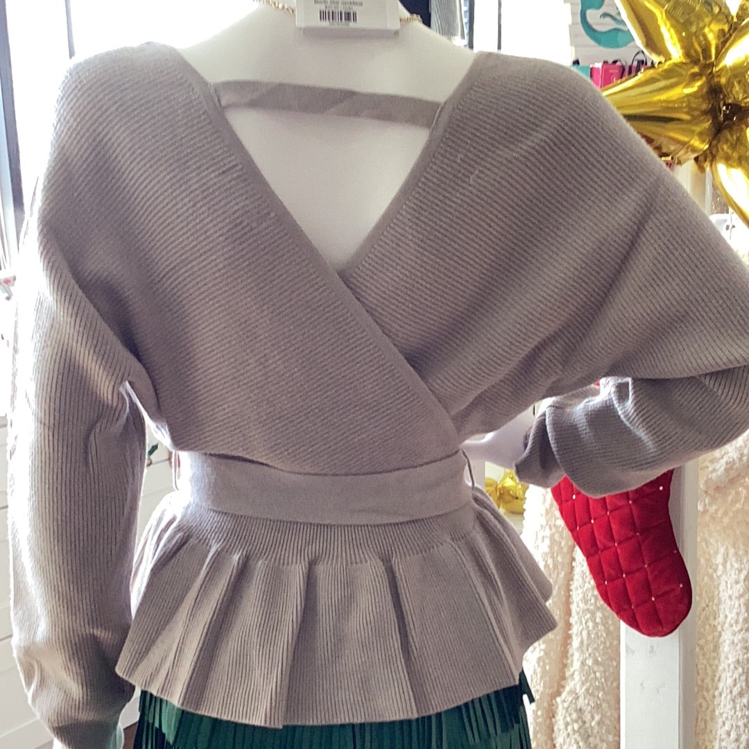 Long Sleeve Baby Doll Sweater, available in sizes Small through Large. 50% Viscose, 25% Polyester, 25% Nylon. Medium Gray