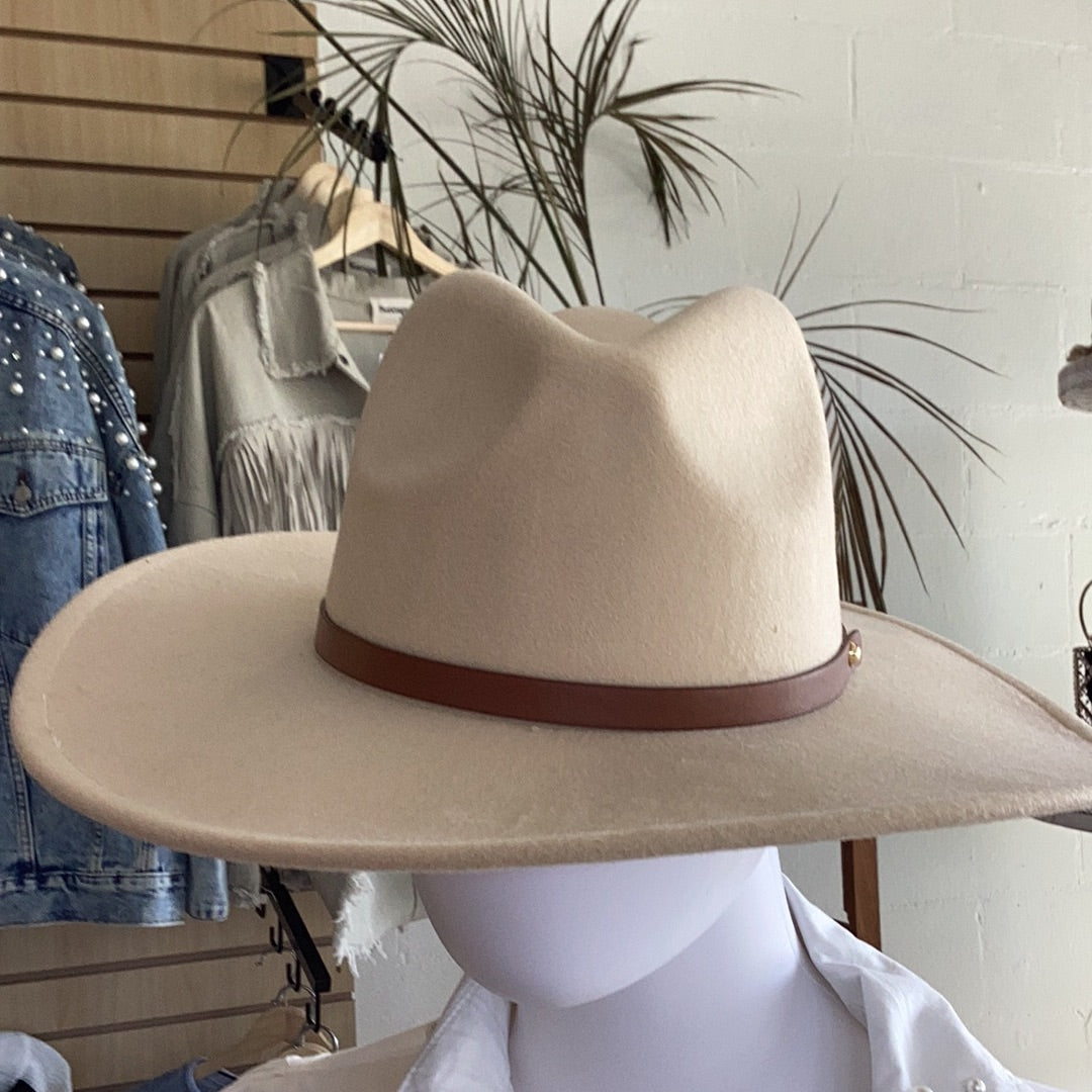 Fedora with band trim felt hat 65% Cotton, 35% Polyester. Camel