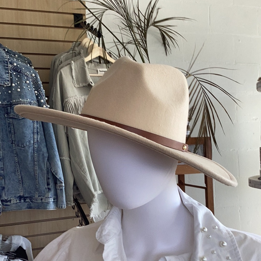Fedora with band trim felt hat 65% Cotton, 35% Polyester. Camel