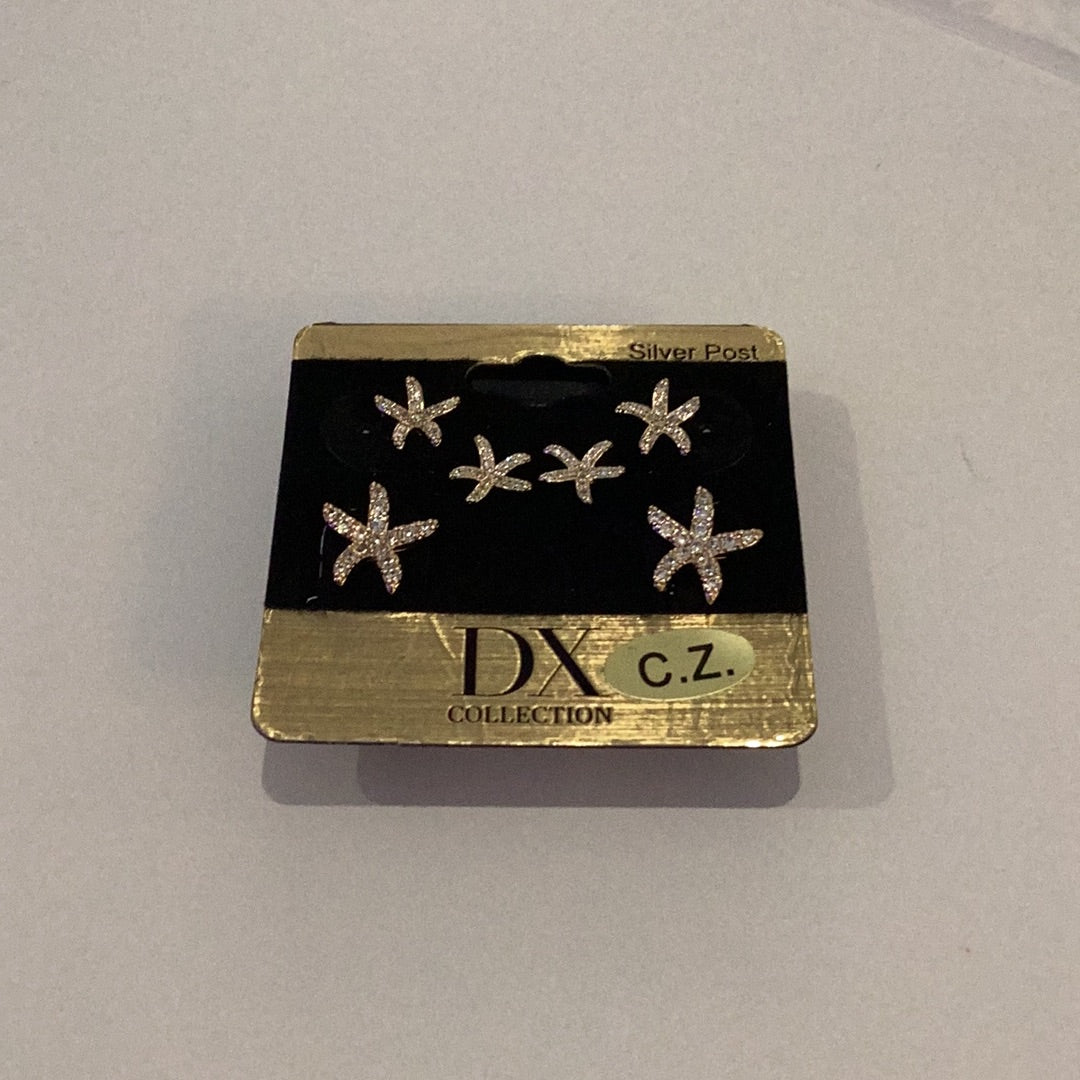 3 pair Starfish stud set Cubic Zirconia Silver Post