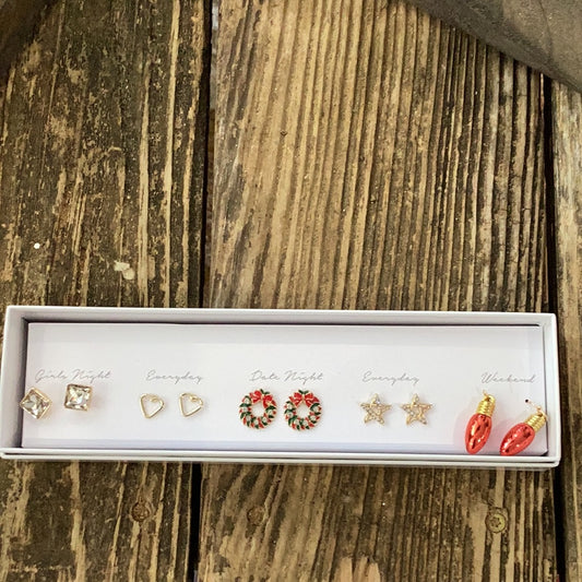 5 piece Christmas Earrings Set includes CZ square studs, hearts, wreaths, stars and Christmas bulbs