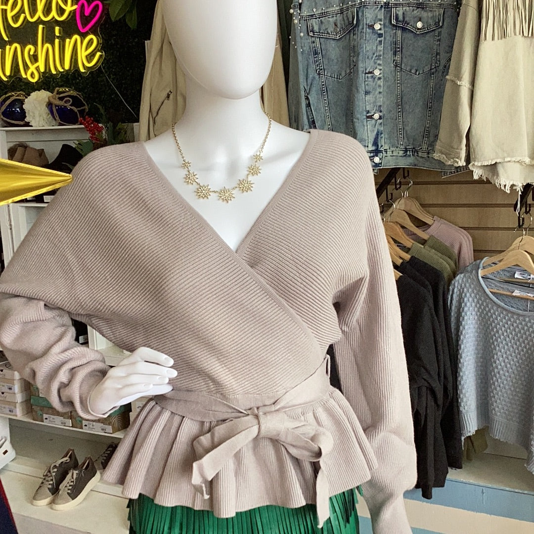 Long Sleeve Baby Doll Sweater, available in sizes Small through Large. 50% Viscose, 25% Polyester, 25% Nylon. Medium Gray