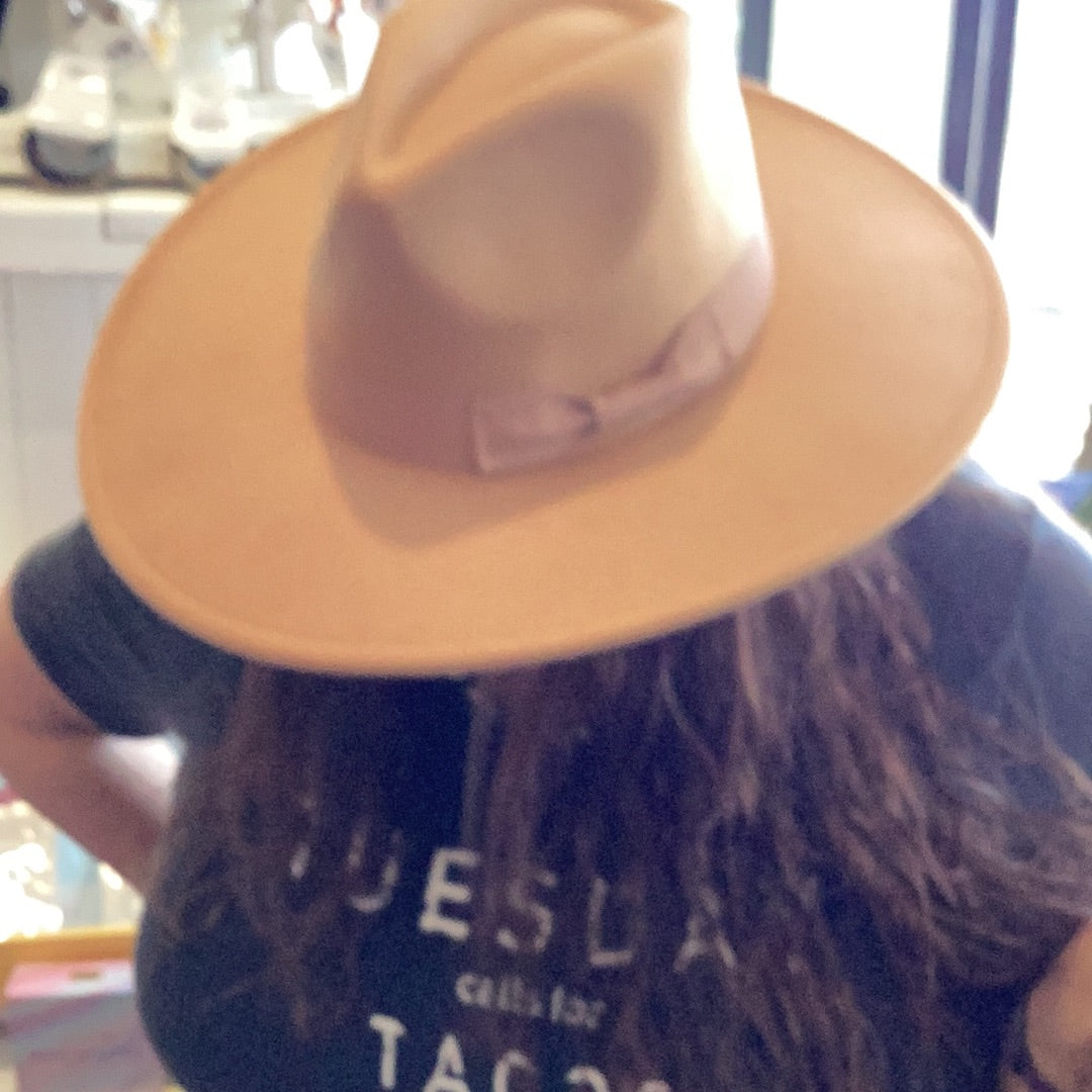 Fedora with band trim felt hat 65% Cotton, 35% Polyester. Camel